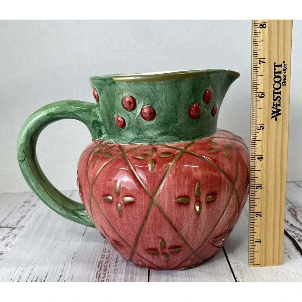 Vtg 1995 Llauter Collection Pitcher Jar Green Pink Gold Ceramic Strawberry